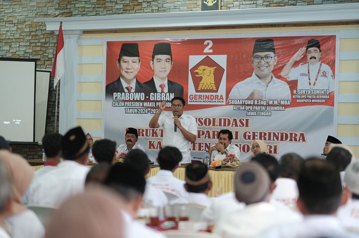 Ketua DPD Partai Gerindra Jawa Tengah Sudaryono dalam acara konsolidasi DPC, PAC dan Ranting Partai Gerindra se-Kabupaten Wonogiri. (Dok. DPD Partai Gerindra Jateng) 
